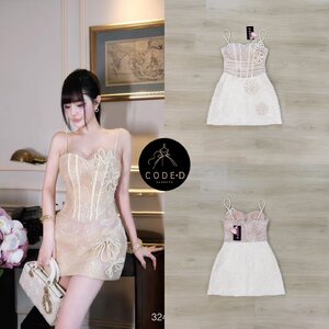 เดรสแฟชั่น มินิเดรสสายเดี่ยวสีขาว ดีเทลแต่งผ้ามุ้งลายดอกไม้ทั้งชุด