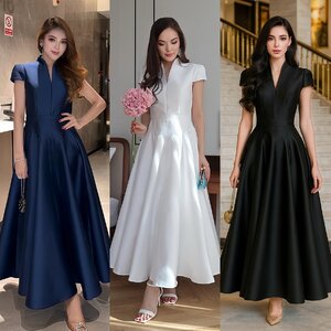 เดรสแฟชั่น เดรสเสื้อคอตั้ง แขนสั้น กระโปรงบาน