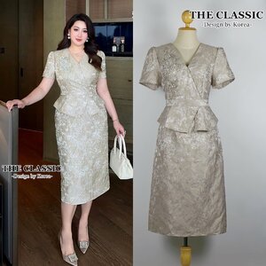 เดรสแฟชั่น เดรสยาว ช่วงบนคัตติ้งทรงสูทระบายเอว ใช้ผ้าเนื้อดีขึ้นลายดอกไม้ ลายนูนผ้าแน่นสวย