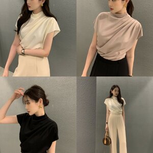 เสื้อแฟชั่น เสื้อแขนสั้นคอปีน ไหล่และเอวจับจีบระบายเฉียงพริ้วสวย
