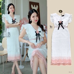 เดรสแฟชั่น เดรสลูกไม้อย่างดีผ้านุ่มนิ่มมีฟองน้ำในตัวคอปกมีอะไหล่เป็นเข็มกลัด