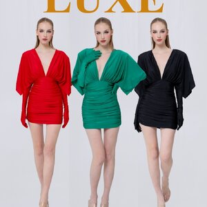 เดรสแฟชั่น เดรสกระโปรงเข้ารูป เสื้อคอวีแขนในตัว มาพร้อมถุงมือยาว