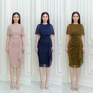 เดรสแฟชั่น เดรสเสื้อคอกลมแขนกุด ดีเทลเป็นเสื้อคลุมไหล่ในตัว