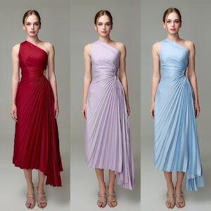 เดรสแฟชั่น เดรสเสื้อไหล่เดียว กระโปรงยาวชายเฉลียง อัดพลีททั้งตัว