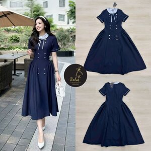 เดรสแฟชั่น Maxi เดรสแขนสั้นสีกรม คอเต่า ดีเทลช่วงคอระบายตามขอบสีฟ้า