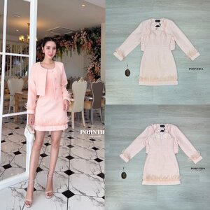 ชุดเซทแฟชั่น ชุดเดรส2ชิ้นผ้าทวีต งานเดรสชมพู มีเสื้อคลุมให้กระดุมเสื้อคลุมด้านหน้ากระดุมเพชร