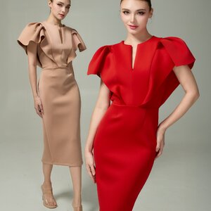 เดรสแฟชั่น เดรสเสื้อคอกลมผ่าหน้า แขนระบาย กระโปรงทรงสอบ