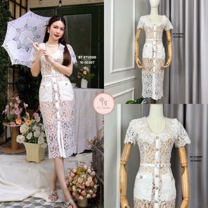 เดรสแฟชั่น เดรสลูกไม้คอแต่งปกระบายแต่งขอบปลายหยัก