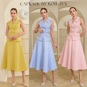 ชุดเซทแฟชั่น เซตสูทแขนกุดเข็มขัด+กระโปรงทรงย้วย เนื้อผ้าเกรดเอ ผ้าทอมีลายในตัว