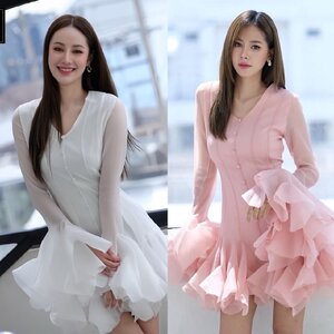 เดรสแฟชั่น เดรสกระโปรงสั้น เสื้อคอวีแขนยาว ตีเกล็ดเข้ารูป