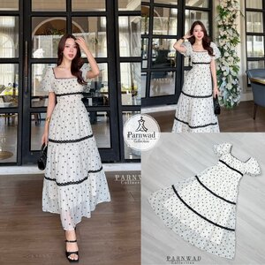 เดรสแฟชั่น Maxi dress คอเหลี่ยม แขนตุ๊กตาปักลายโบว์กำมะหยี่ทั้งชุด