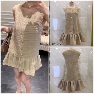 เดรสแฟชั่น เดรสผ้าทวีตสไตล์หรูหรา ติดกระดุมคริสตัล คลาสสิค