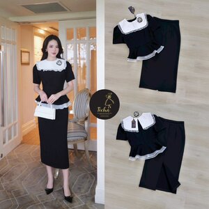 ชุดเซทแฟชั่น ชุด Set4ชิ้น เสื้อแขนสั้นสึดำ ดีเทลแต่งระบายผ้าแก้วสีขาวชายเสื้อ