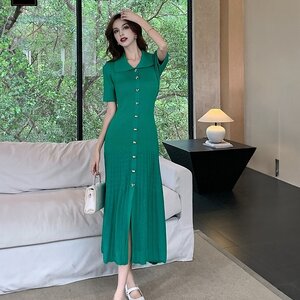 เดรสแฟชั่น เดรสเชิ้ต เสื้อคอปกแขนสั้น กระโปรงบานลอนอัดพลีท ความยาวคลุมเข่า